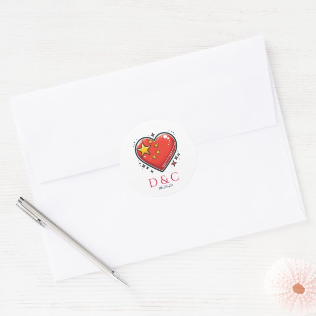 China Couple Heart Wedding Classic Round Sticker (Envelope)