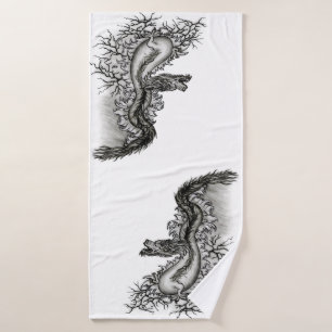 China Dragon, Black and white Design in Tattoostyl Bath Towel