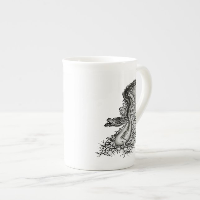 China Dragon, Black and white Design in Tattoostyl Bone China Mug (Front Right)