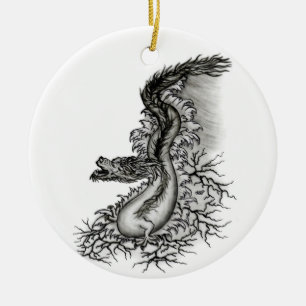 China Dragon, Black and white Design in Tattoostyl Ceramic Tree Decoration