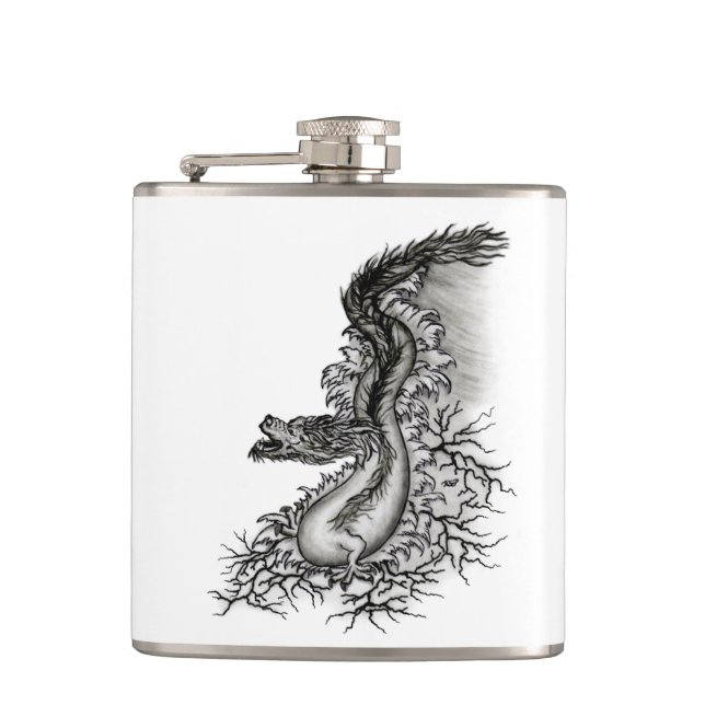 China Dragon, Black and white Design in Tattoostyl Hip Flask (Front)
