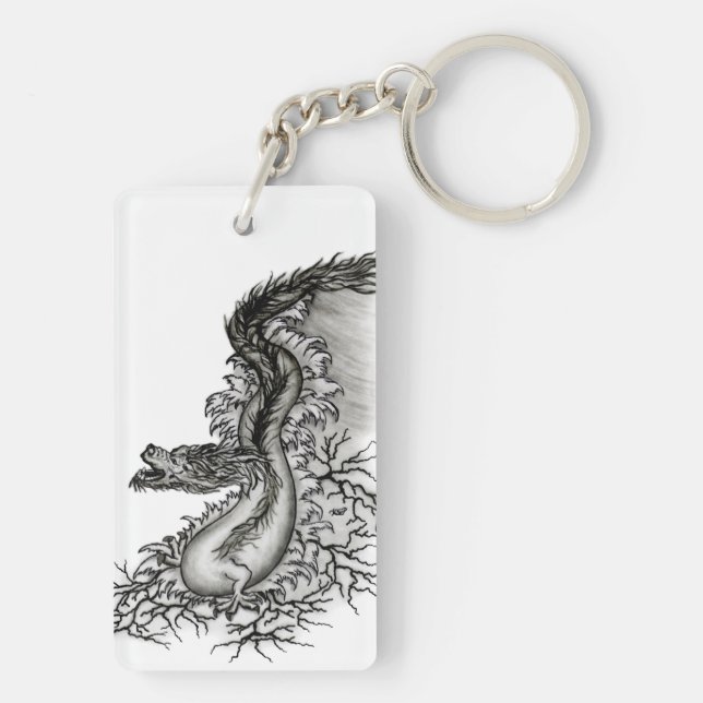 China Dragon, Black and white Design in Tattoostyl Key Ring (Back)