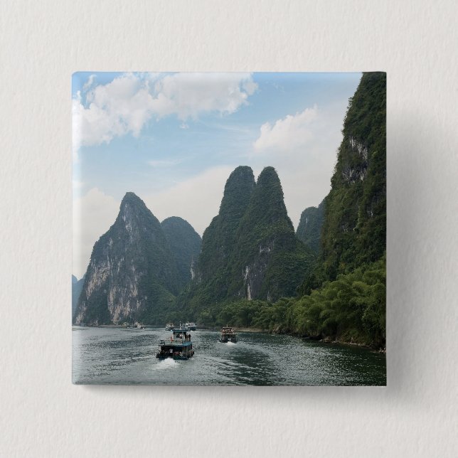 China, Guilin, Li River, River boats line the 15 Cm Square Badge (Front)