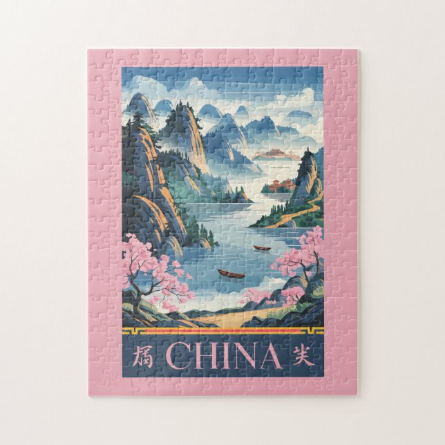 China Illustration Pink Travel Art Vintage Jigsaw Puzzle (Vertical)