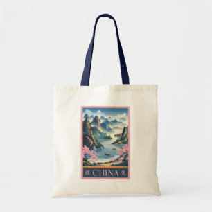 China Illustration Pink Travel Art Vintage Tote Bag