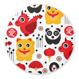China lucky cat, dragon, and panda ceramic knob