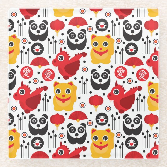 China lucky cat, dragon, and panda glass coaster (Front)