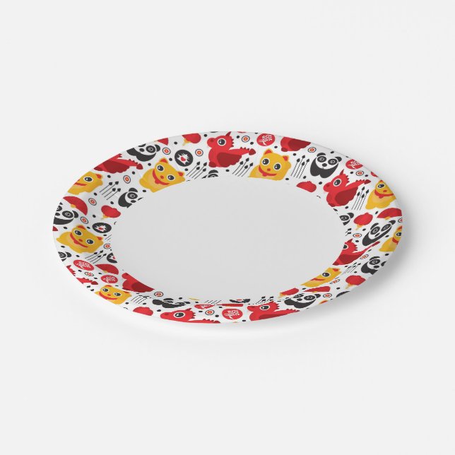 China lucky cat, dragon, and panda paper plate (Angled)