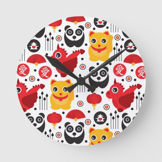 China lucky cat, dragon, and panda round clock (Front)