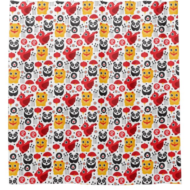 China lucky cat, dragon, and panda shower curtain (Front)
