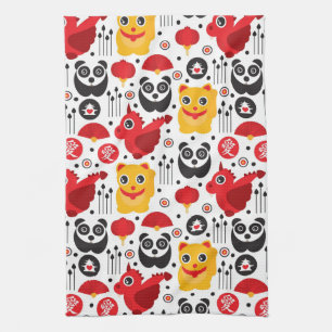 China lucky cat, dragon, and panda tea towel
