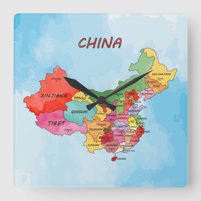 China Map Square Wall Clock (Front)