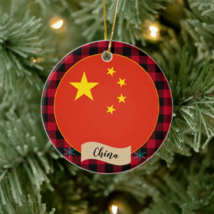 China, Red buffalo plaid & Chinese Flag Ceramic Tree Decoration