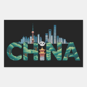China Shanghai Temple Panda Rectangular Sticker