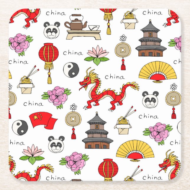 China Symbols Pattern Square Paper Coaster (Front)