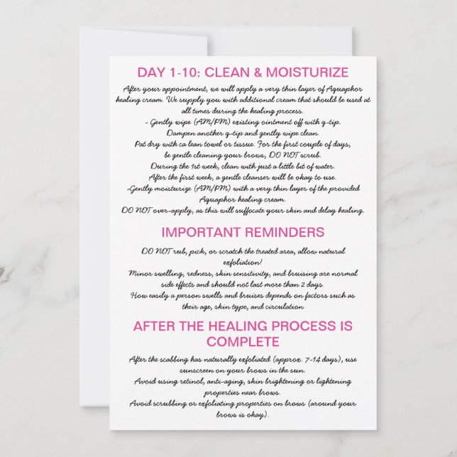ChinatiEyebrow Microblading Aftercare Instructions Invitation (Back)