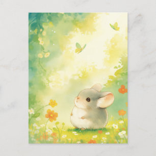 Chinchilla in Sunny Flower Garden with Butterfly Postcard