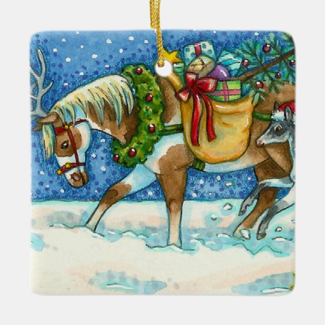 CHINCOTEAGUE CHRISTMAS PONIES, SLEIGH BELLS & TOYS CERAMIC ORNAMENT (Front)