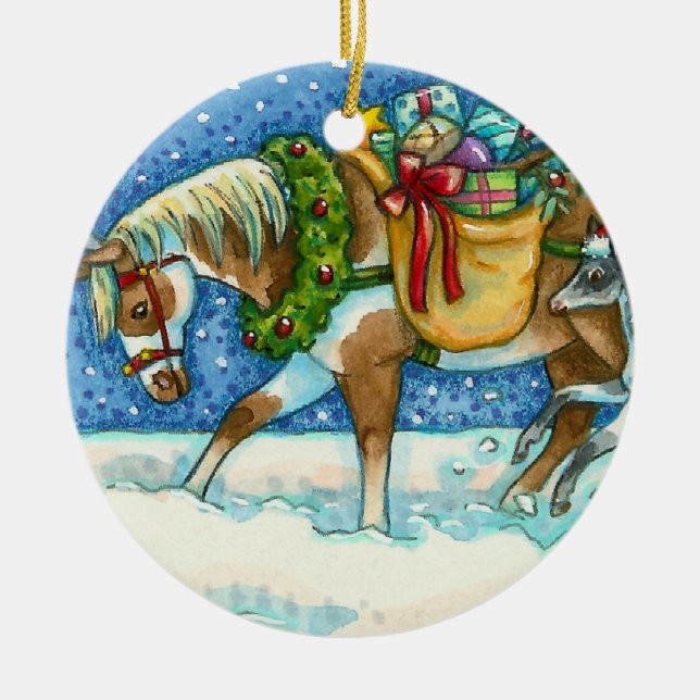 CHINCOTEAGUE CHRISTMAS PONIES, SLEIGH BELLS & TOYS CERAMIC TREE DECORATION (Front)