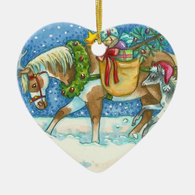 CHINCOTEAGUE PONIES CHRISTMAS HORSES SIGNED 2019 CERAMIC TREE DECORATION (Front)