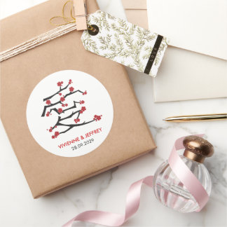 Chinese Ai Love Cherry Blossoms Red Sakura Wedding Classic Round Sticker
