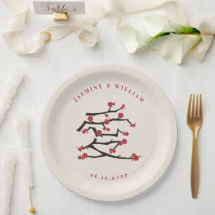 Chinese Ai Love Red Cherry Blossoms Engagement Paper Plate
