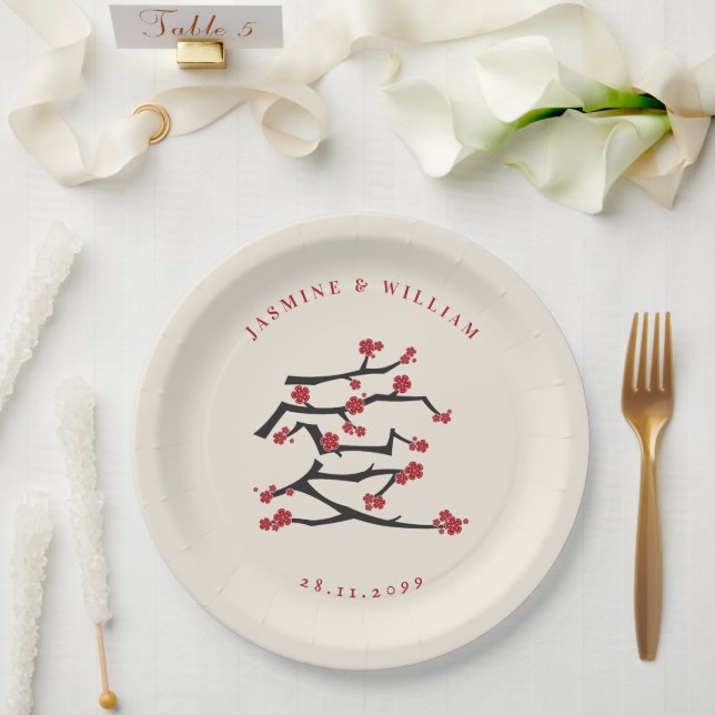 Chinese Ai Love Red Cherry Blossoms Engagement Paper Plate (Wedding)