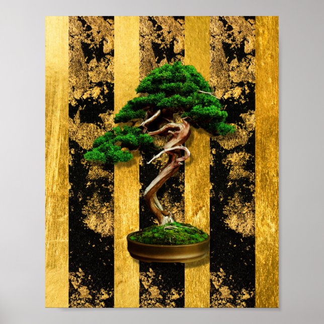 Chinese Asian Bonsai Tree Green Gold Black Print (Front)