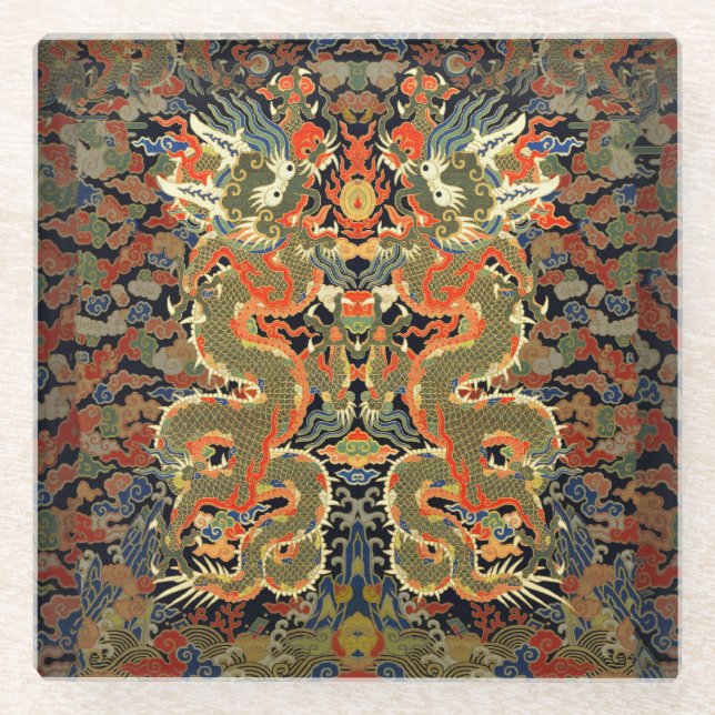 Chinese Asian Dragon Colourful Art Glass Coaster (Front)