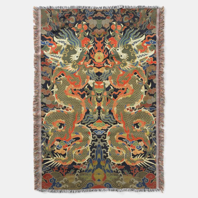 Chinese Asian Dragon Colourful Art Throw Blanket (Front Vertical)