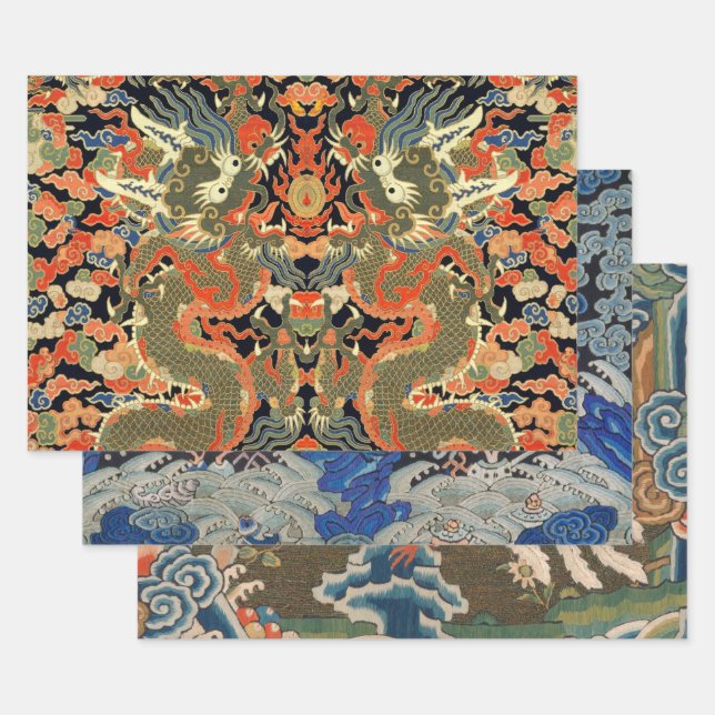 Chinese Asian Dragon Colourful Art Wrapping Paper Sheet (Set)