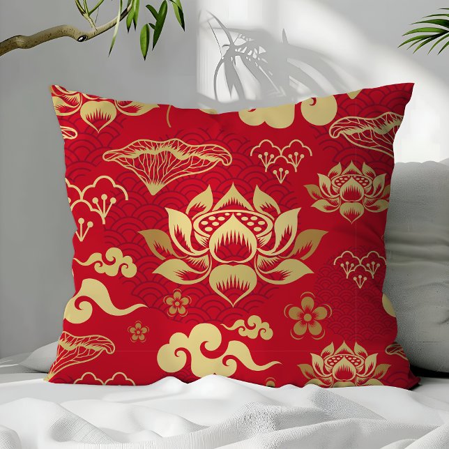 Chinese Asian Oriental Red Gold Lotus Pattern Cushion (Creator Uploaded)