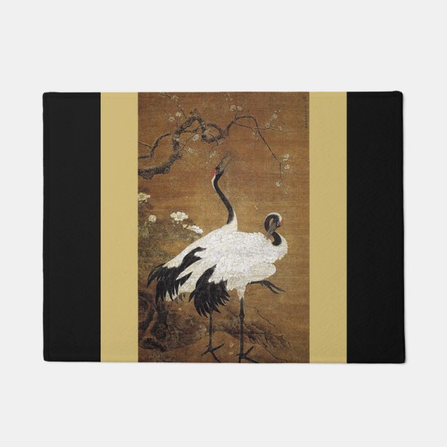 Chinese Asian Twin Crane Bird Plum Flower Blossoms Doormat (Front)
