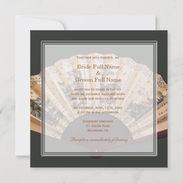 Chinese bamboo and silk fan wedding invitation (Front)