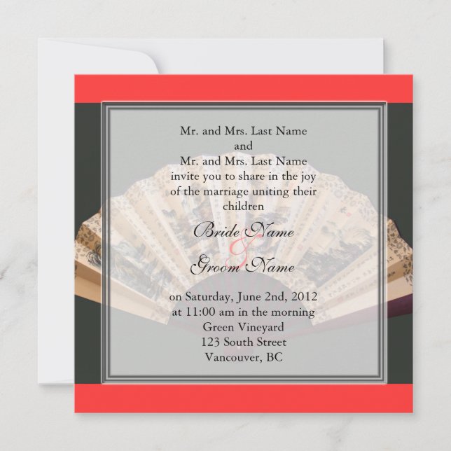 Chinese bamboo and silk fan wedding invitation (Front)