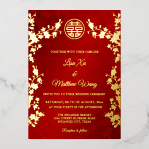 Chinese Bilingual Gold Red Floral Wedding