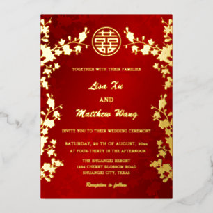 Chinese Bilingual   Gold Red Floral Wedding