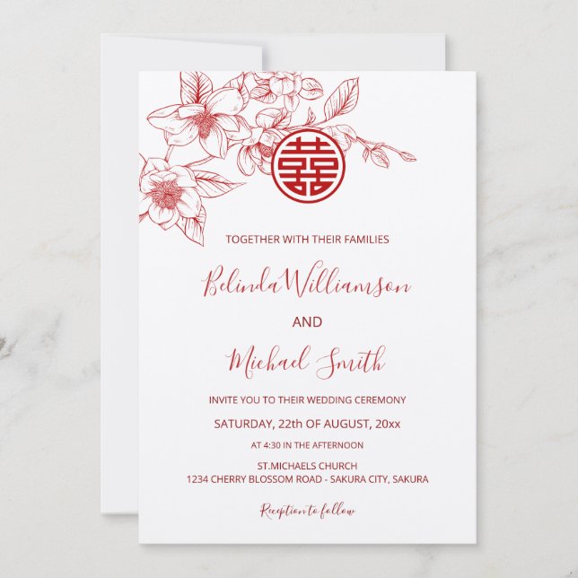 Chinese Bilingual | Magnolia Cream Chinese Wedding Invitation (Front)