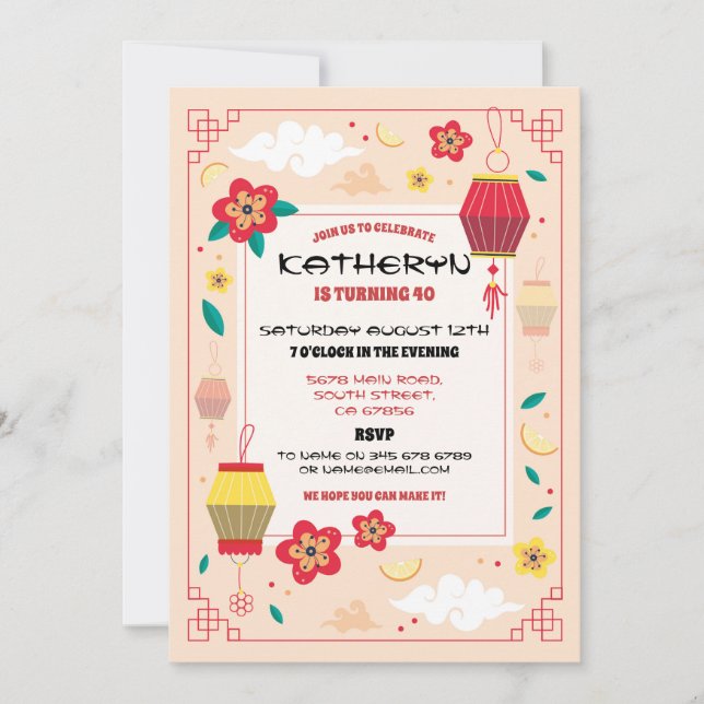 Chinese Birthday Party Restaurant Take Away Asian Invitation (Front)