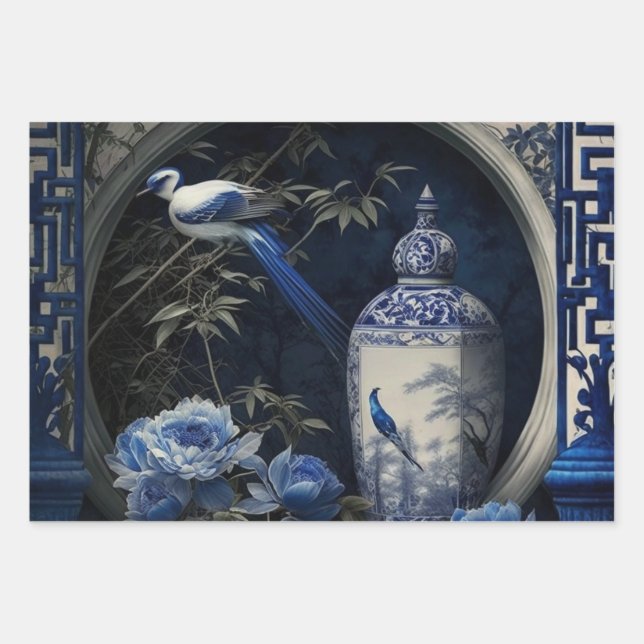 Chinese Blue and White Pottery Ceramics Wrapping Paper Sheet (Front)