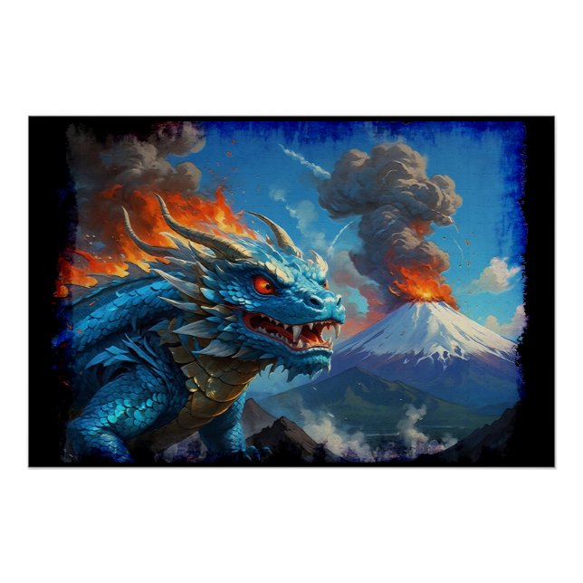 Chinese Blue Dragon and Volcano Poster (Front)