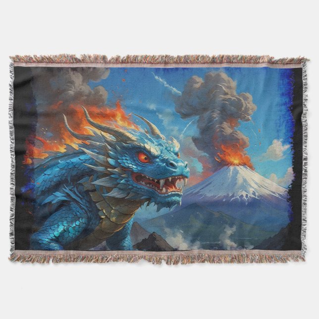 Chinese Blue Dragon and Volcano Throw Blanket (Front)