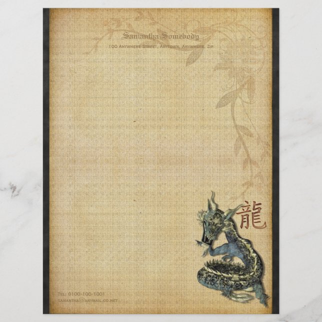 Chinese Blue Dragon Writing Paper Custom Letterhead (Front)