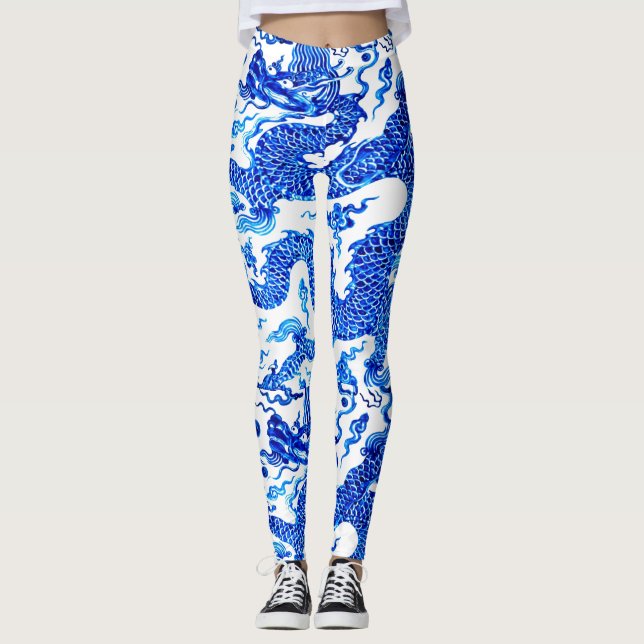 Chinese Blue Dragon Yoga Pants Running (Front)