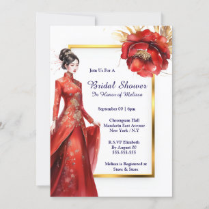 Chinese bride garden flowers red gold Asian Invitation