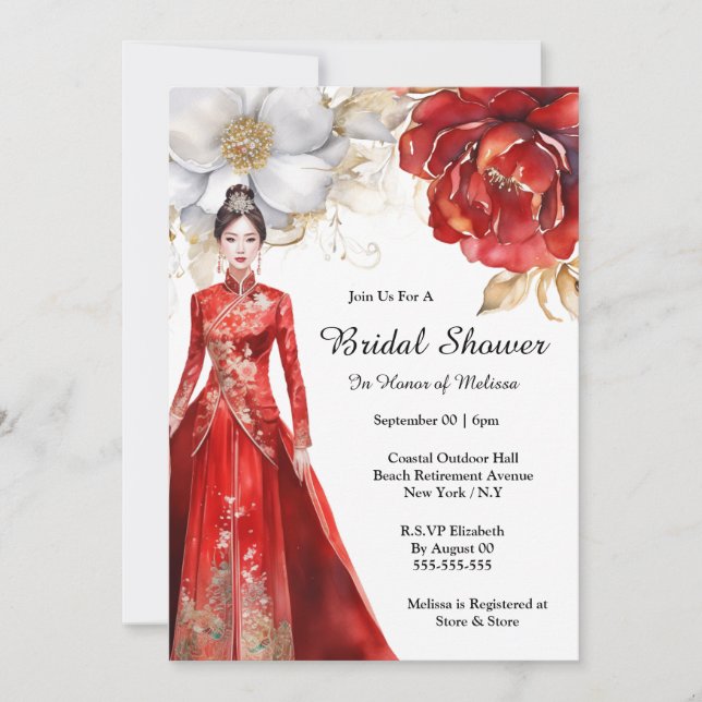 Chinese bride gold red flowers garden bridal  invitation (Front)