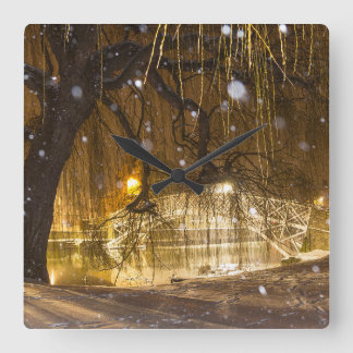Chinese Bridge in the Snow. Square Wall Clock