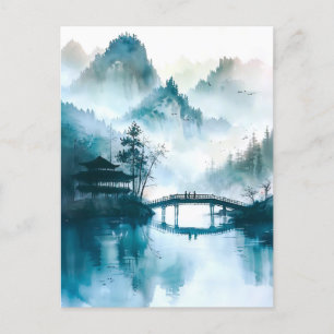Chinese Bridge in Watercolor at mountain landscape Postcard