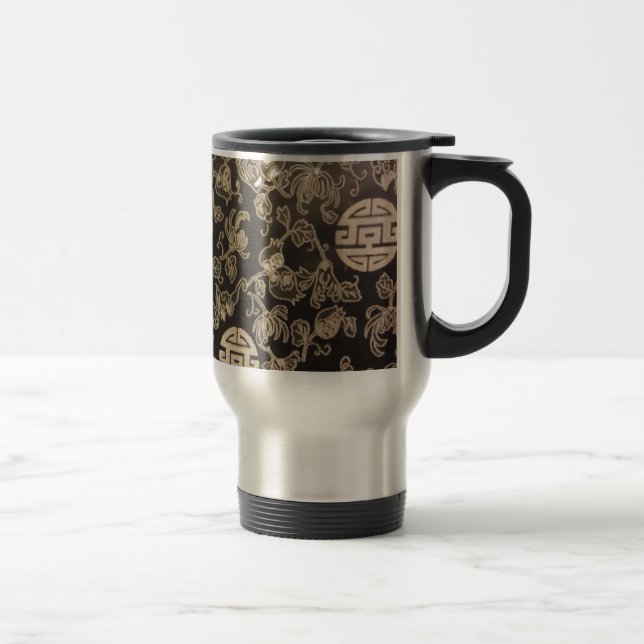 Chinese Brocade - silver & black Travel Mug (Right)