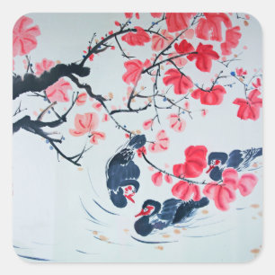 Chinese Brush Swimming Birds Among Flowers Square Sticker